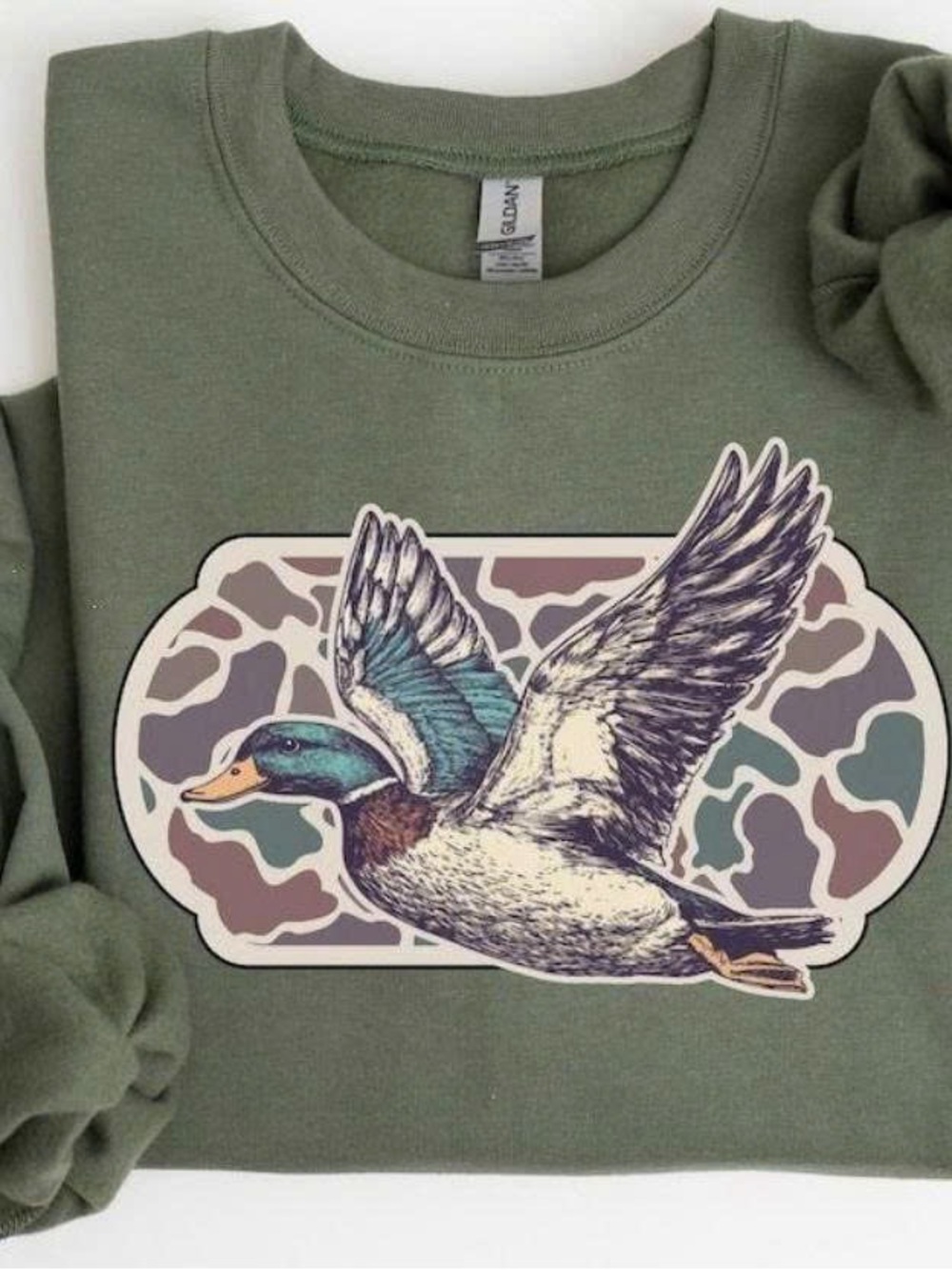 Flying Duck Graphic Olive Green Crewneck Sweatshirt with